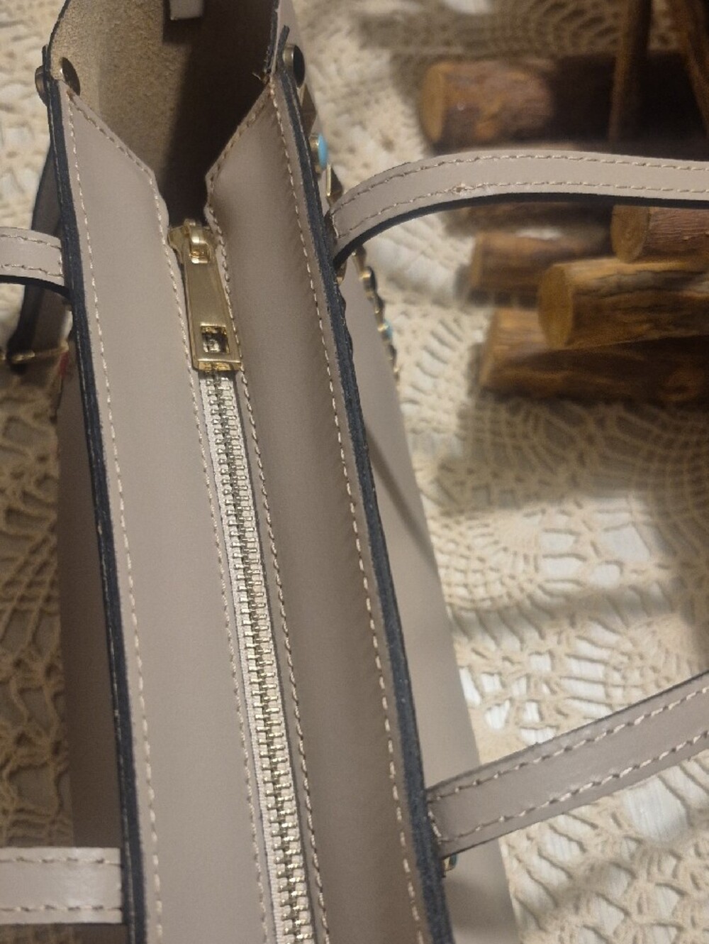 Stud-Trim Taupe Shoulder Tote Bag - Picture 4 of 7